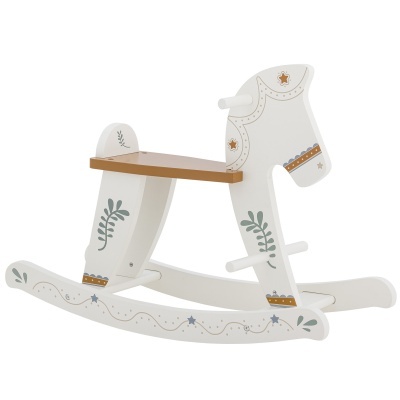 Cavalo de baloiço de madeira branco com decoração floral e assento castanho