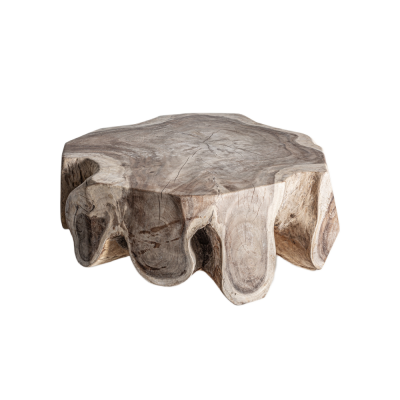 Mesa baixa de tronco de madeira natural com textura de veios