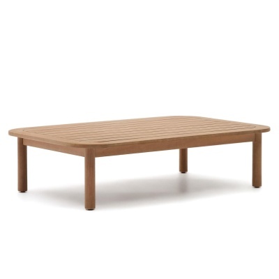 Mesa baixa retangular de madeira clara com tampo de ripas