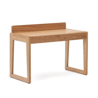 Secretária de madeira clara com duas gavetas e fundo elevado