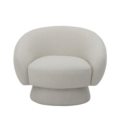 Poltrona branca bege claro arredondada com base cilíndrica em tecido bouclé