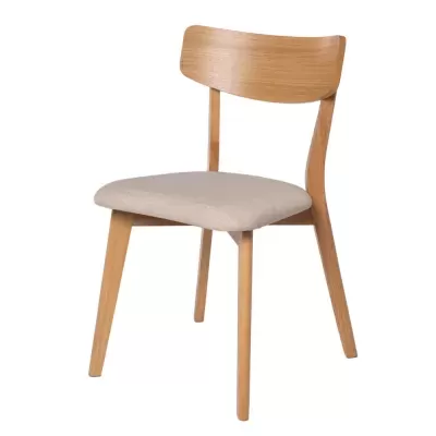 Cadeira de madeira com assento estofado bege e encosto de madeira