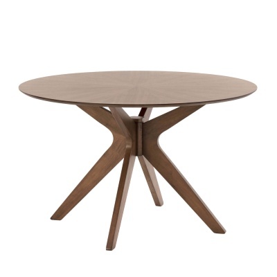 Mesa de jantar redonda de madeira castanha clara com pernas em forma de X