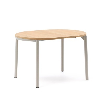 Mesa redonda de madeira clara com pernas metálicas cinzentas