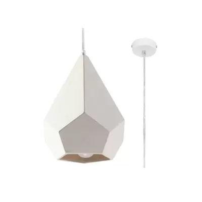 Candeeiro de teto pendente branco geométrico com lâmpada visível.