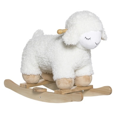 Cavalo de balanço em forma de ovelha de peluche branco com base de madeira