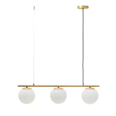 Candeeiro suspenso com três globos de vidro fosco branco e estrutura dourada