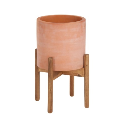 Vaso de cerâmica terracota com suporte de madeira