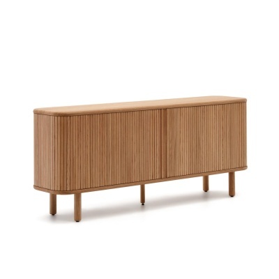 Aparador de madeira castanho claro com portas texturizadas e pernas cilíndricas