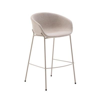Banco alto com assento estofado cinza claro e pernas metálicas bege claro
