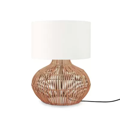 Candeeiro de mesa com base entrelaçada castanha e cúpula branca cilíndrica