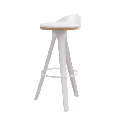 Banqueta alta branca com assento almofadado e estrutura metálica