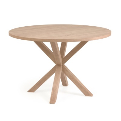 Mesa redonda em madeira clara com base geométrica
