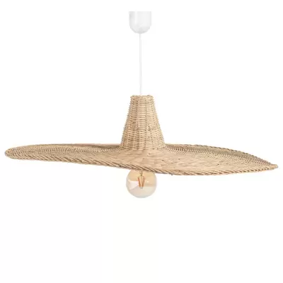 Lustre pendente trançado de verga natural em forma de chapéu com lâmpada exposta