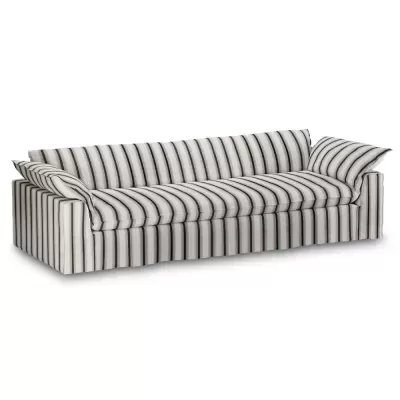 sofá riscado cinza branco tecido com almofadas laterais