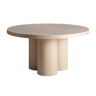 Mesa de jantar redonda em madeira clara com base cilíndrica