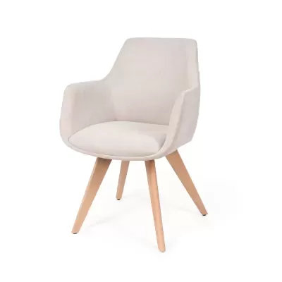 Cadeira estofada bege com pernas de madeira