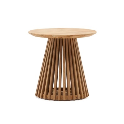 Mesa de apoio redonda de madeira clara com base cónica de ripas