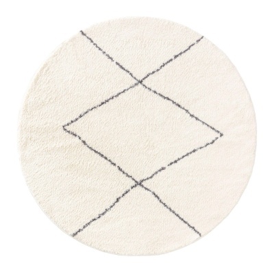 Tapete redondo branco com padrão geométrico cinzento