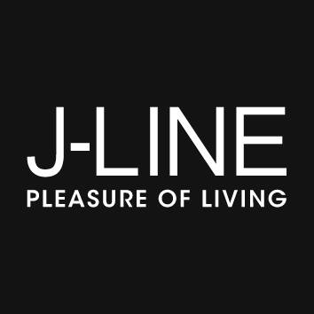 Logotipo branco J-LINE PLEASURE OF LIVING em fundo preto