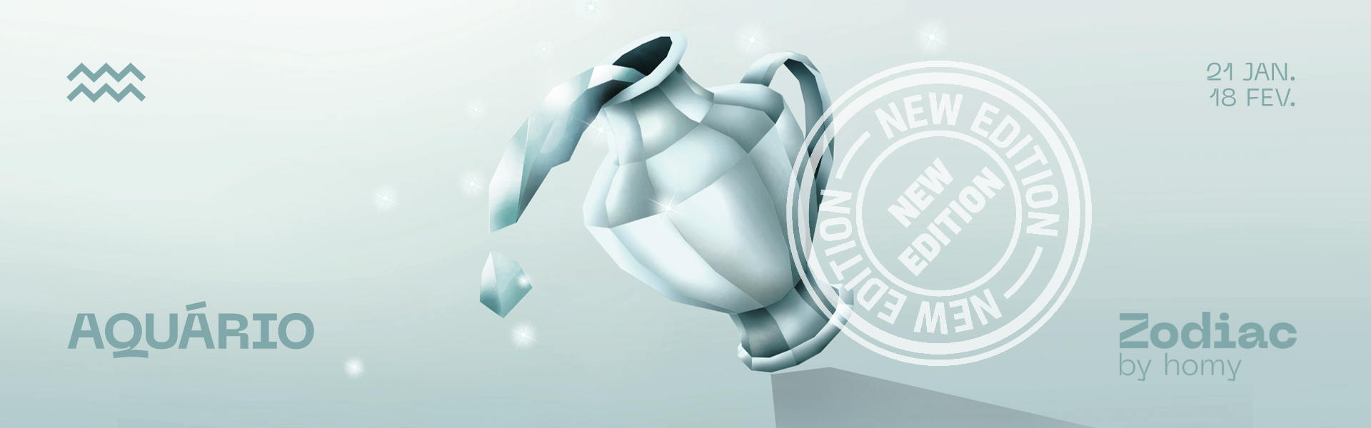 Ilustração digital do signo Aquário com jarro abstrato prateado e texto relevante sobre datas e edição.