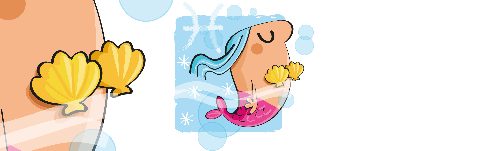 Ilustração de sereia com conchas amarelas no fundo azul com estrelas e bolhas