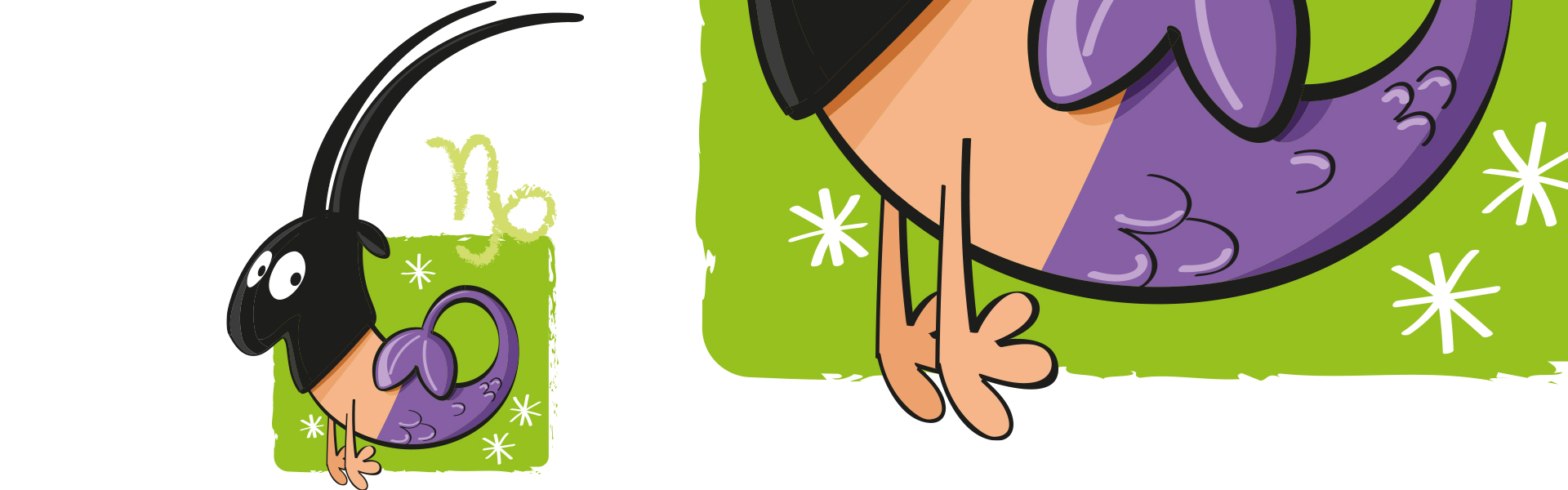 Desenho animado de inseto preto com asas roxas e símbolo de Capricórnio em fundo verde