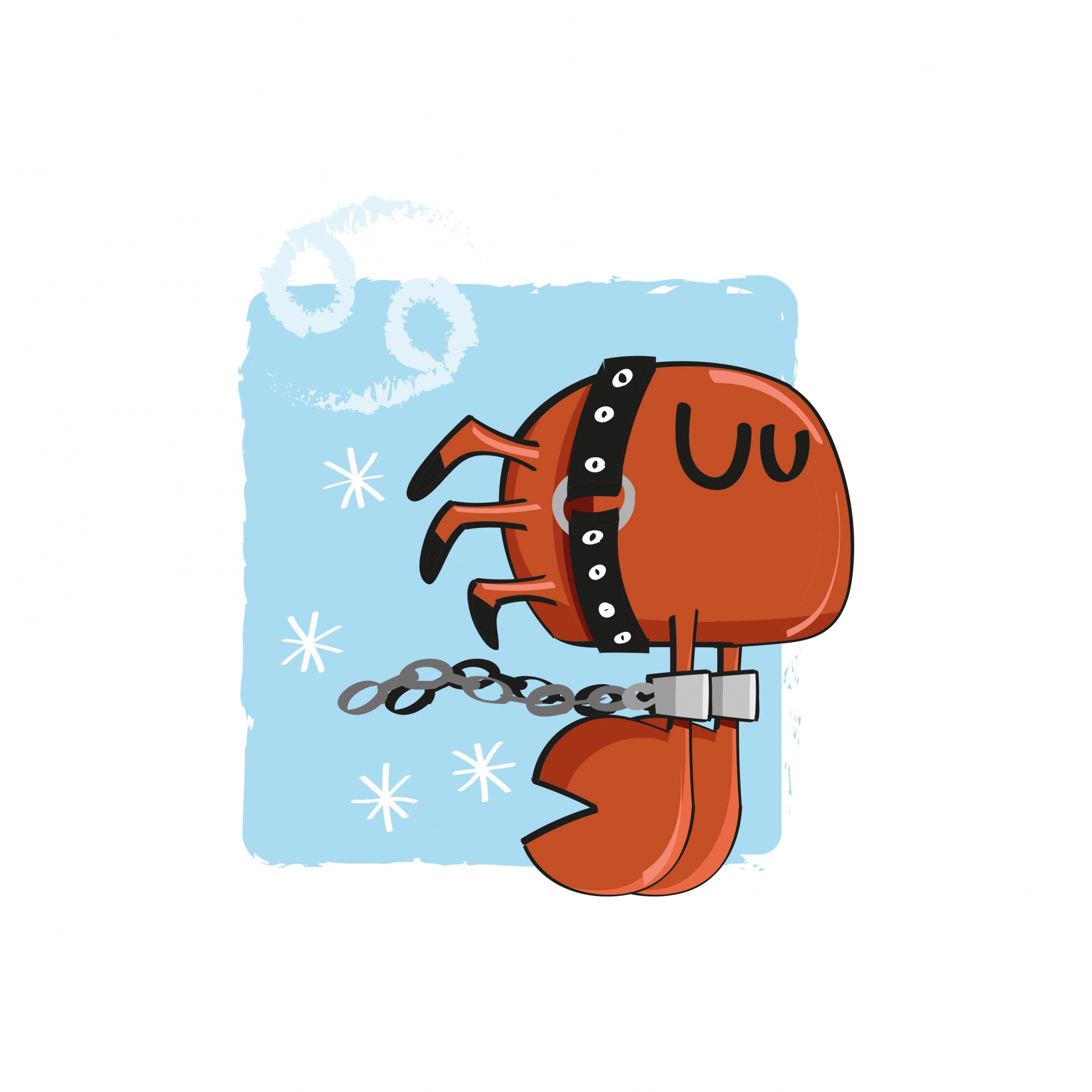 Ilustração de caranguejo vermelho com coleira preta e corrente