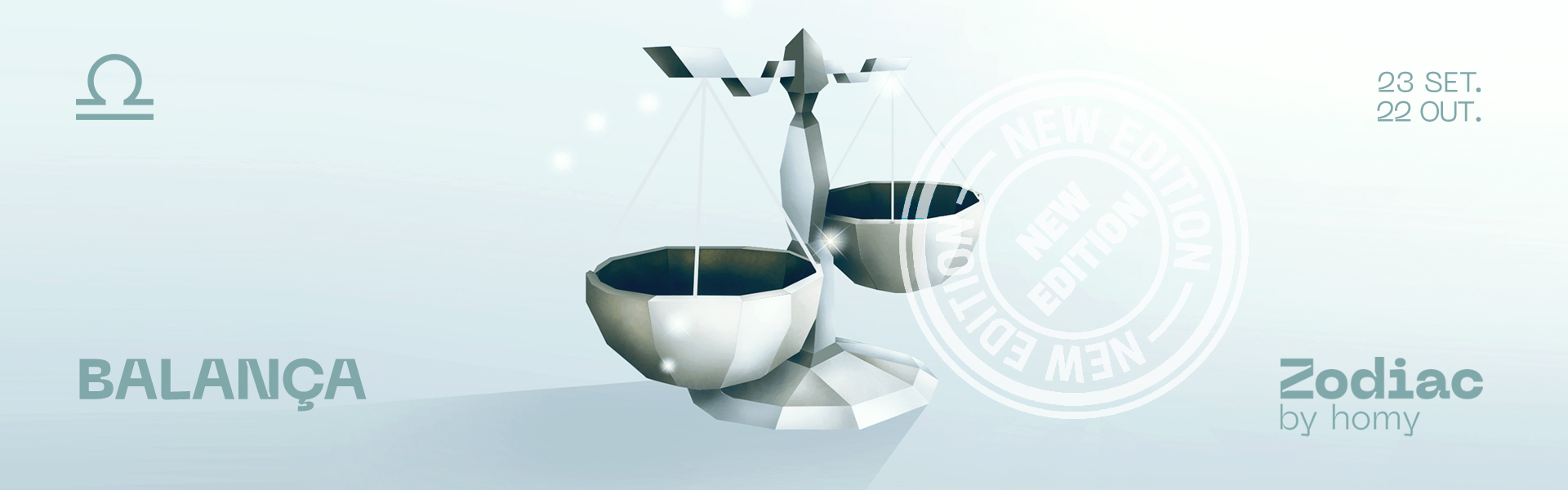 Balança metálica de três tigelas com texto de datas e marca