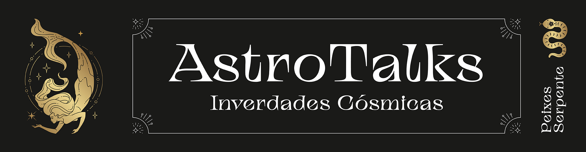 Logotipo AstroTalks com texto e elementos gráficos dourados em fundo preto