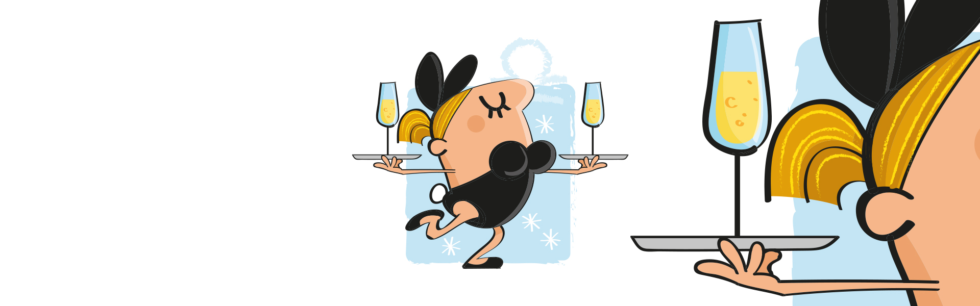 Ilustração personagens animados a servir e segurar champanhe