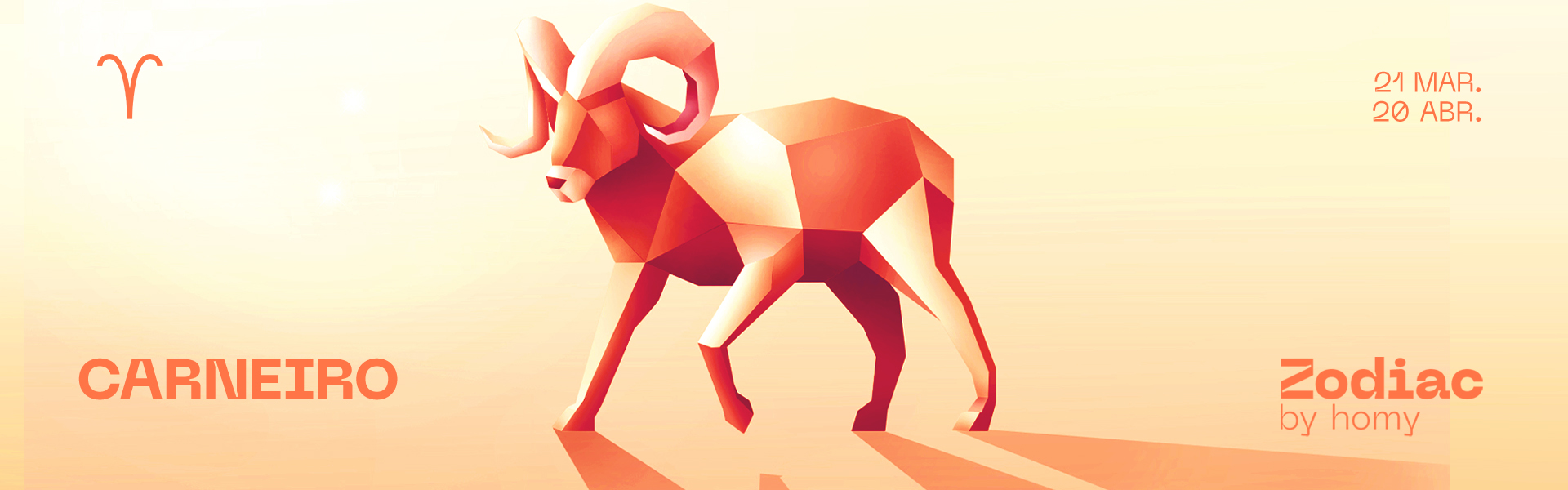 Ilustração geométrica de carneiro em tons de laranja com texto e datas zodiacais