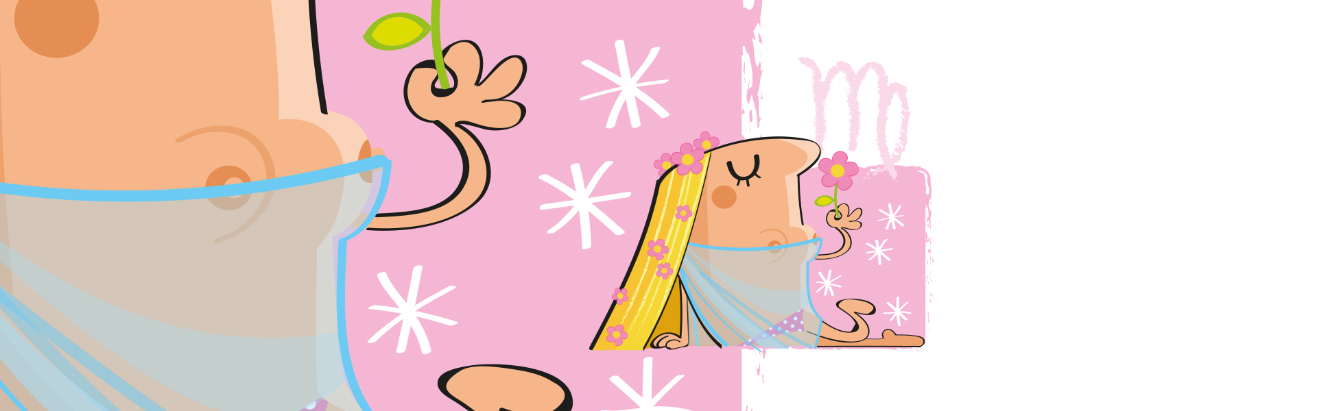 Desenho de personagem segurando ramo verde com fundo rosa e flores.