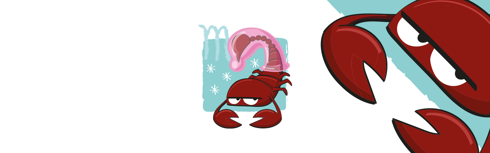 Saco azul com flamingo rosa e caranguejo vermelho cartoon, com garra vermelha de caranguejo ao lado