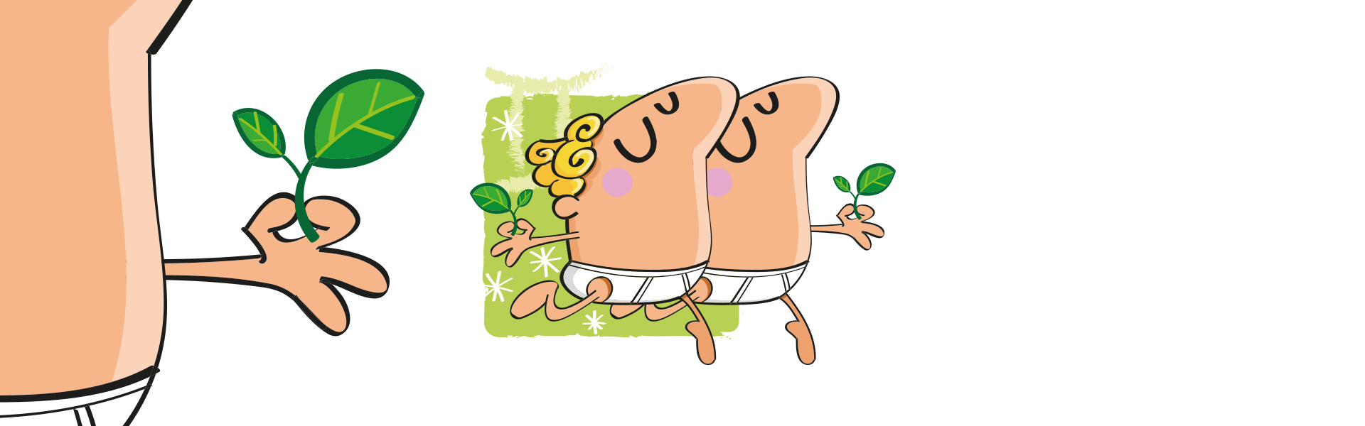 Ilustração cartoon de duas figuras humanas nuas com plantas verdes nas mãos