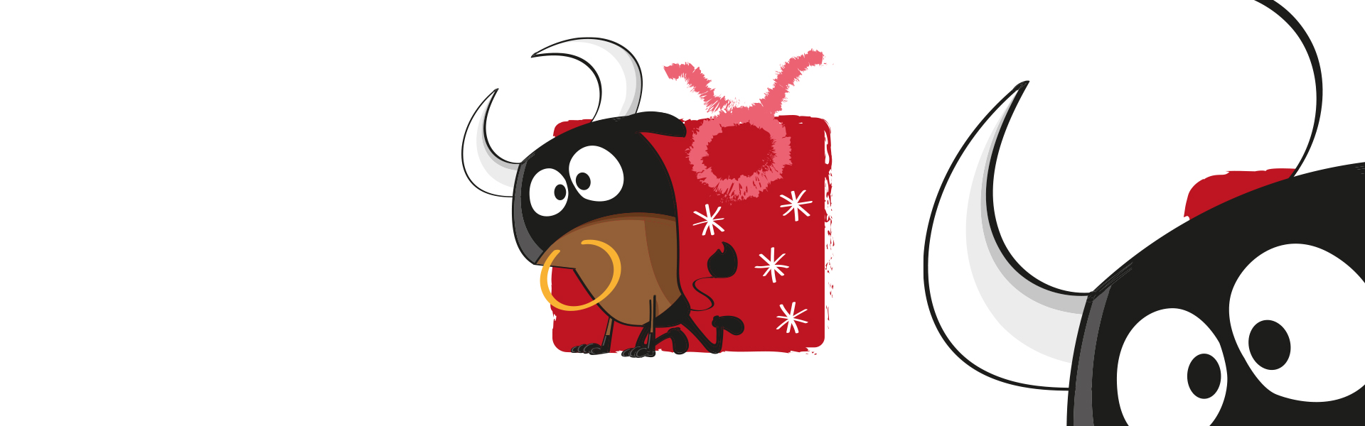 Ilustração de touro preto com caixa vermelha decorada