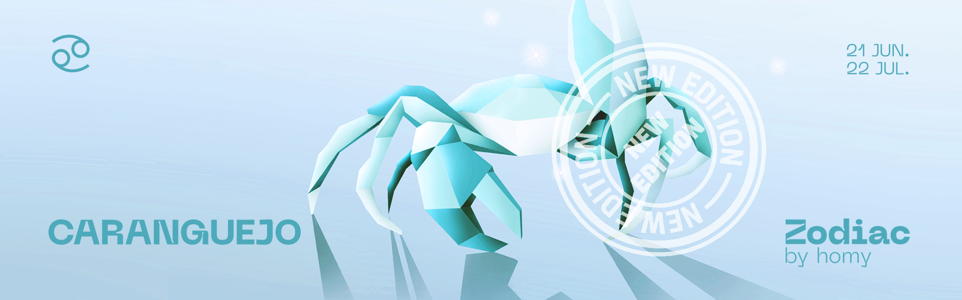 Ilustração de caranguejo em azul com texto CARANGUEJO e datas 21 JUN. 22 JUL.