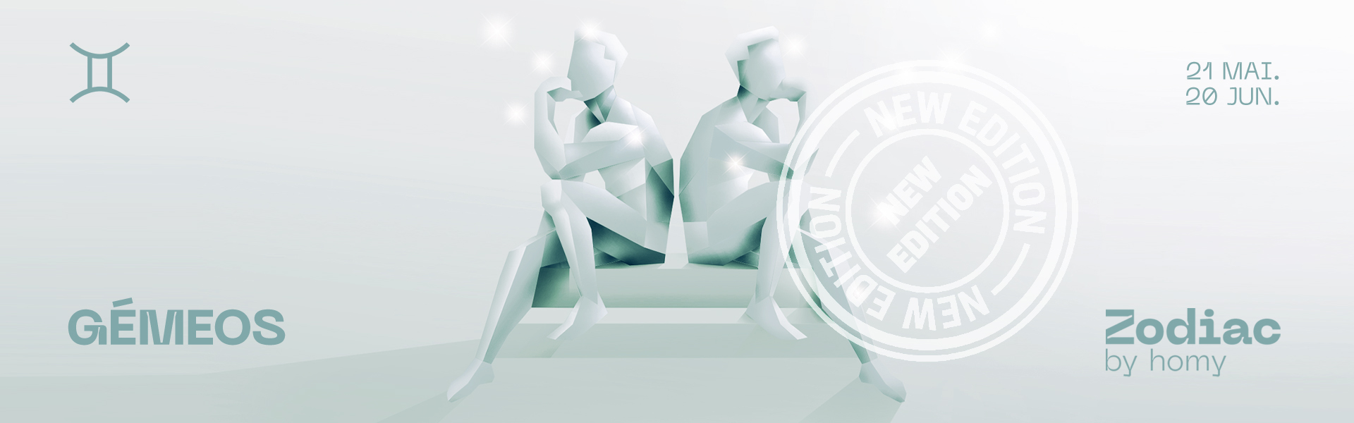 Ilustração de dois bonecos brancos sentados num banco branco com textos de signos zodiacais