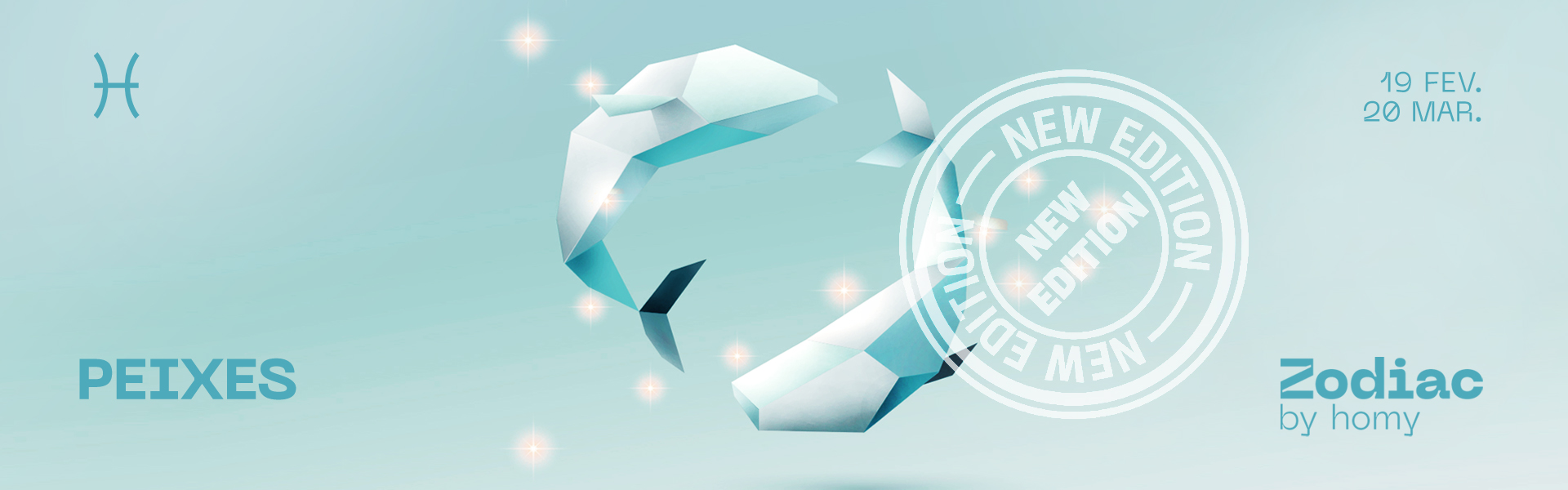 Imagem azul claro com peixes abstratos e textos relacionados ao signo Peixes