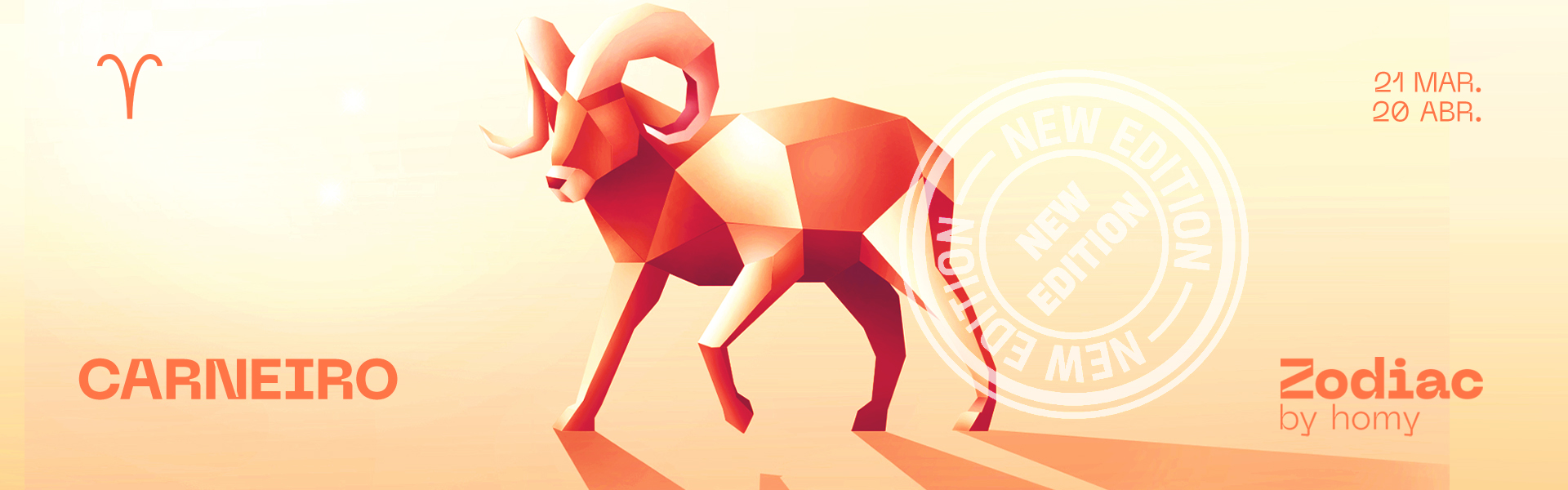 Ilustração geométrica de carneiro em tons de laranja com texto CARNEIRO e datas zodiacais