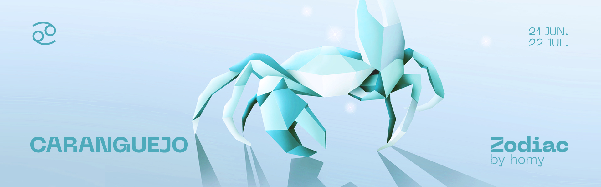 Dois caranguejos em estilo origami azul e branco com texto Zodiac e datas 21 JUN. 22 JUL.