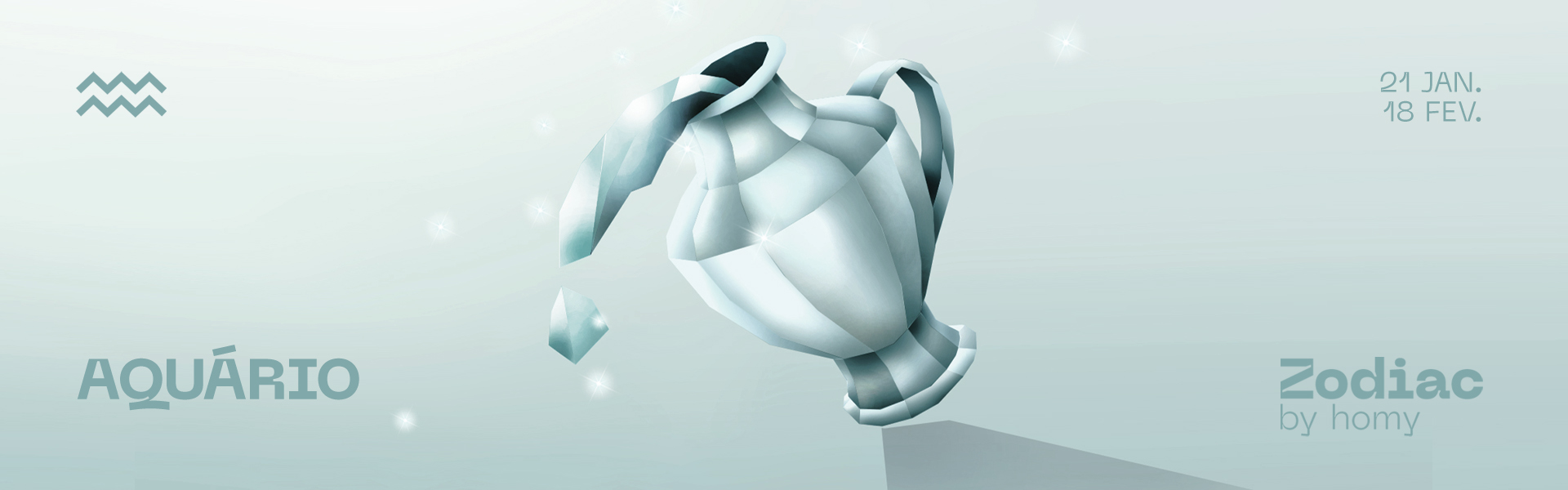 Ilustração de jarro prateado com texto AQUÁRIO e datas 21 JAN a 18 FEV