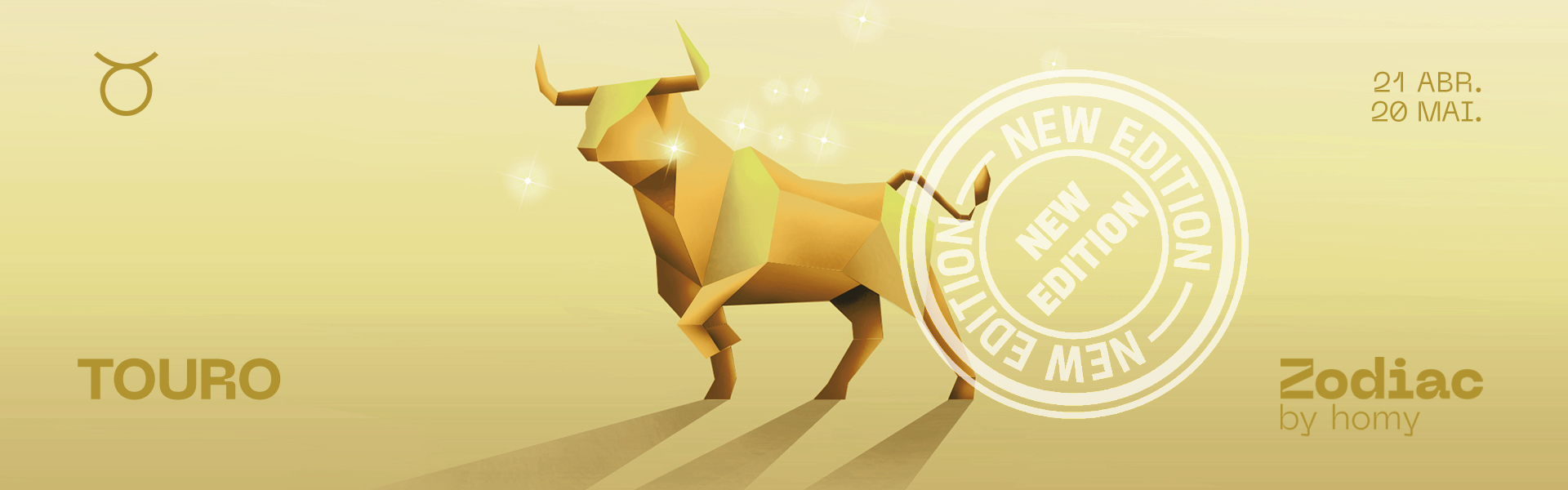 Touro dourado geométrico sobre fundo amarelo com texto alusivo ao signo do zodíaco Touro