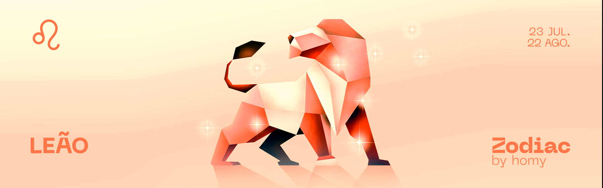 Imagem de leão geométrico em tons de vermelho e rosa com texto zodiacal