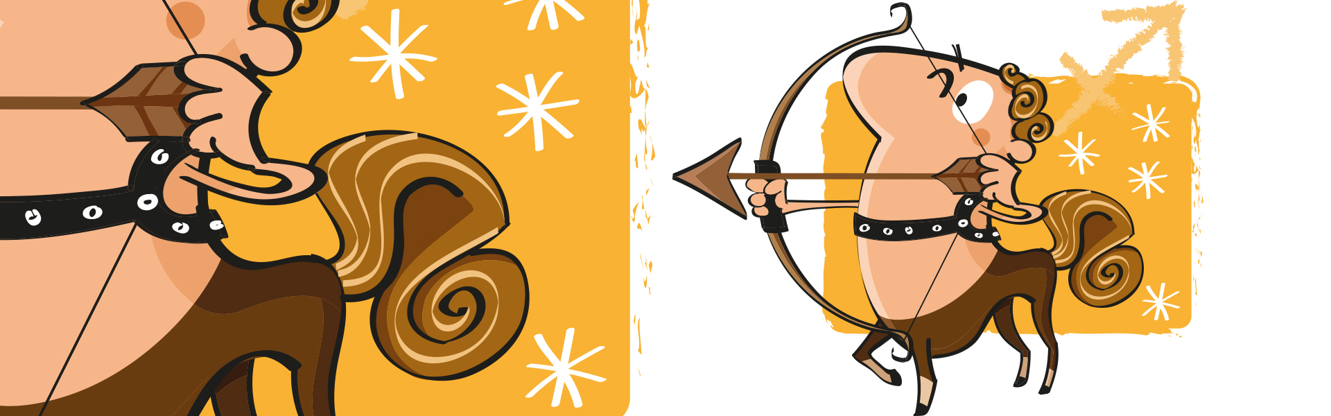 Ilustração de centauro com arco e flecha em fundo amarelo