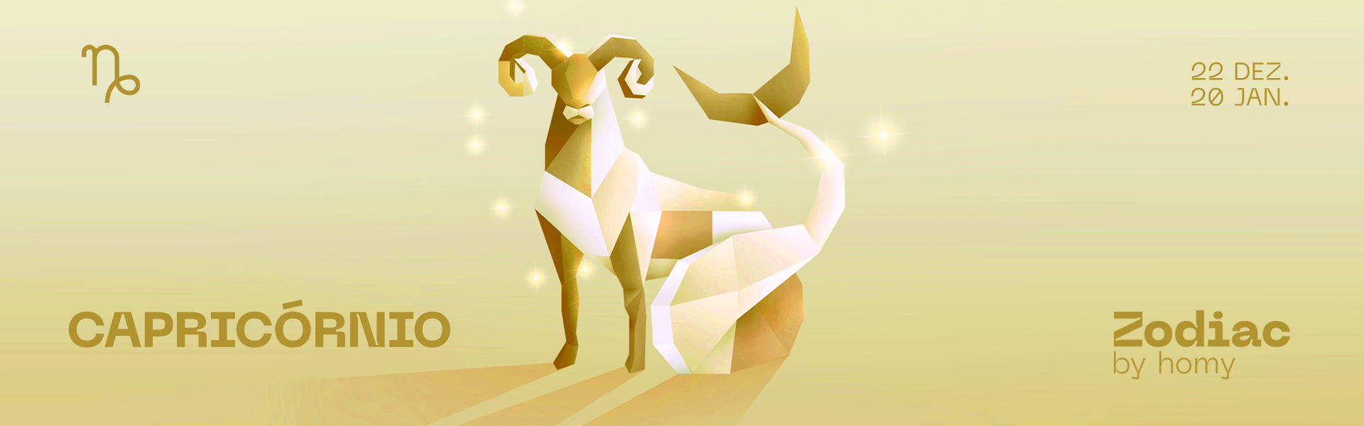 Ilustração geométrica dourada do signo Capricórnio com texto e datas