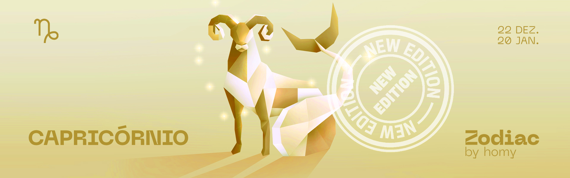 Imagem estilizada signo Capricórnio com texto e selo 'NEW EDITION' em fundo claro