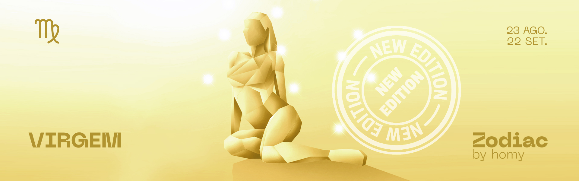 Ilustração do signo Virgem em fundo amarelo claro com texto zodiacal e indicação de datas