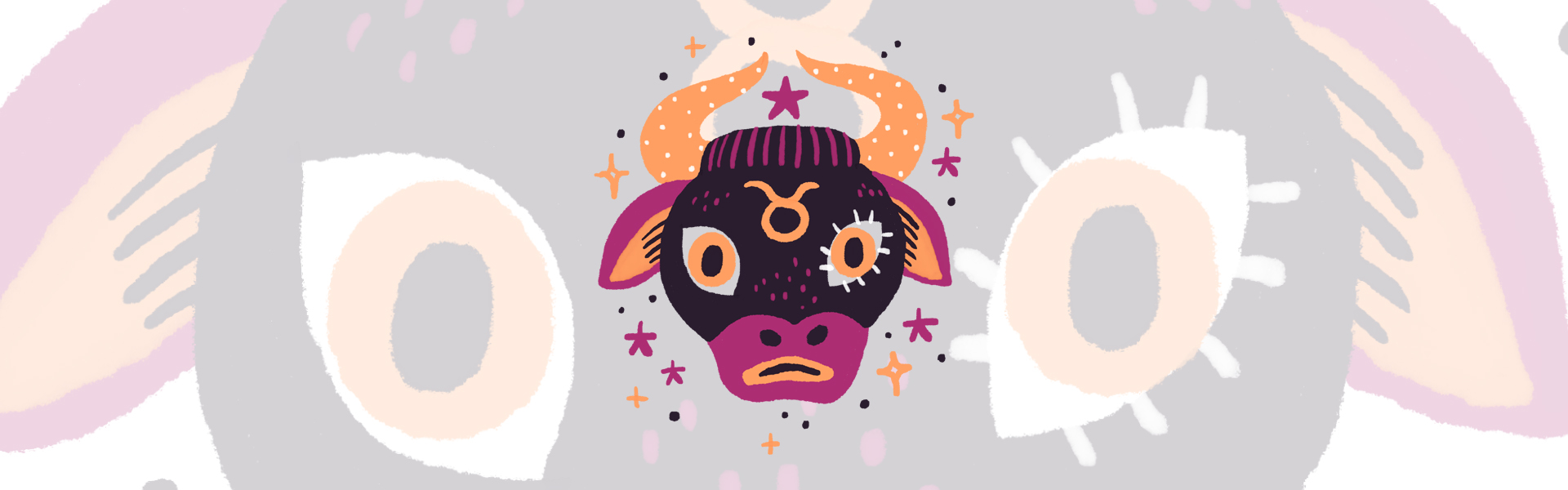 Ilustração colorida com olhos estilizados e uma personagem central com chifres roxos.