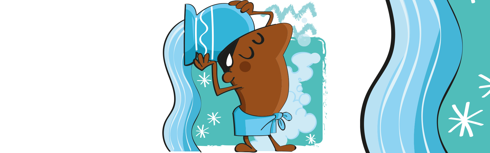 Castor relaxando numa banheira azul clara com chapéu e toalha azul claro